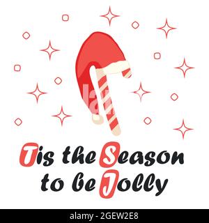 Christmas and New Years postcard with Christmas sweet candy cane and Santa hat, snowflakes and light effects. Stock Vector