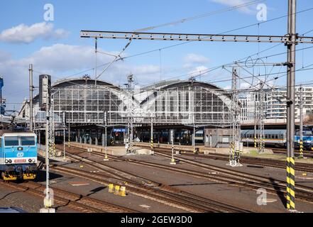 PRAGUE, CZECH REPUBLIC - MARCH 13, 2020: Building of the main railway station in Prague Stock Photo