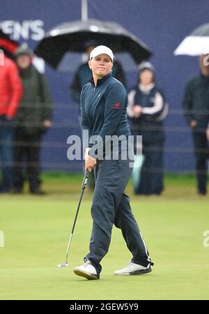 Denmark's Nanna Koerstz Madsen on the 18th green during day three of the AIG Women's Open at Carnoustie. Picture date: Saturday August 21, 2021. See PA story GOLF Women. Photo credit should read: Ian Rutherford/PA Wire. RESTRICTIONS: Use subject to restrictions. Editorial use only, no commercial use without prior consent from rights holder. Stock Photo