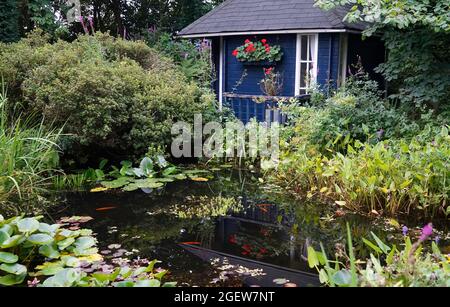 Loozen, Netherlands - August 17 2021 - A romantic pond with a blue garden house in the pond gardens of Ada Hofman. Her ponds are on ecological basis Stock Photo