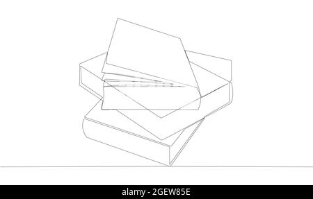 Stack of opened books in style of one line. Black contour. Stock Vector