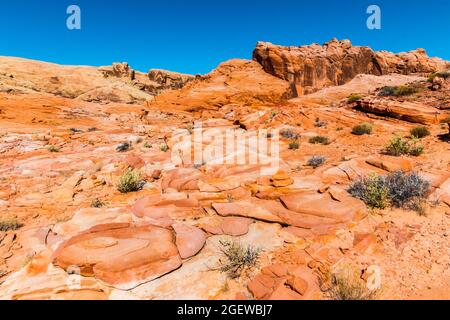 Colorful Slick Rock Formations Near The Upper Fire Canyon Wash, Valley of Fire State Park, Nevada, USA Stock Photo