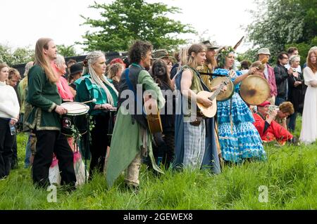 Musicians At The Beltane Festival Where Folk Dressed In Costume Dance Praise & Worship Fertility & Abundance In Glastonbury Somerset England UK Stock Photo