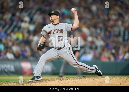 August 20 2021: Arizona pitcher Miguel Aguilar (68) throws a pitch during the game with Arizona Diamondbacks and Colorado Rockies held at Coors Field in Denver Co. David Seelig/Cal Sport Medi Stock Photo