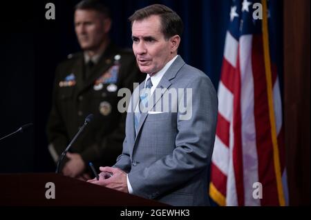 Pentagon Press Secretary John F. Kirby and Army Maj. Gen. William 'Hank' Taylor, Joint Staff deputy director for regional operations, brief the press about Afghanistan, the Pentagon, Washington, D.C., Aug. 21, 2021. (DoD photo by Lisa Ferdinando) Stock Photo