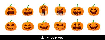 Halloween monster jack lantern orange pumpkin carved glowing scary face set on white background. Holiday cartoon character emotions collection for celebration designs. Vector evil spooky illustration Stock Vector