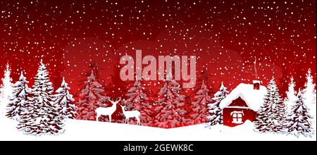 Winter night. Small house in a beautiful winter forest. Deer. Snow, snowflakes. Red background. Stock Vector