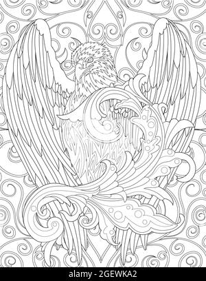 Falcon Facing Forward With Wings Wide Open Colorless Line Drawing. Beautiful Eagle Spreading Feather Coloring Book Page. Stock Vector