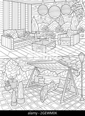 Backyard Lounge Doodle Hanging Lamps Tables Chairs Colorless Line Drawing. Outdoor Lounging Area Behind House Coloring Book Page. Stock Vector