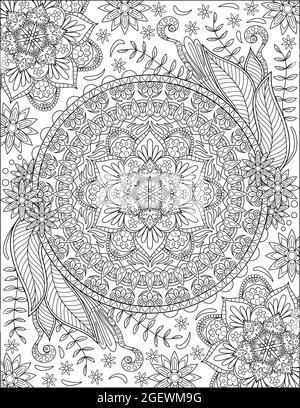 Kaleidoscope Symmetrical Flowery Symbol Colorless Line Drawing. Geometrically Circular Equal Mandala Flower Petals Coloring Book Page. Stock Vector