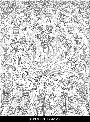 Small Deer Lying Down On The Grass With Arch Tree Branches Plants Fire Lamp Colorless Line Drawing. Wild Fawn Resting On Vegetation With Insects Stock Vector