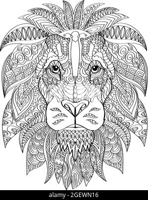 Lion Head Facing Forward With Healthy Furry Mane Colorless Line Drawing. Large Wild Feline With Beautiful Fur Coloring Book Page. Stock Vector