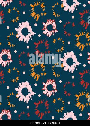 Seamless repeat pattern with flowers and polka dots Hand drawn fabric gift wrap wall art design Stock Vector