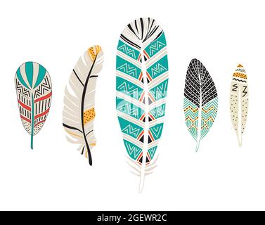 Vector Set of Ethnic feathers. Hand Drawn Tribal Feathers. Decorative feathers. Vintage colored Feather. Stock Vector