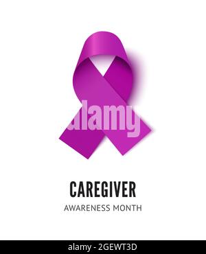 Caregiver awareness ribbon vector. Realistic purple silk ribbon isolated on white background Stock Vector