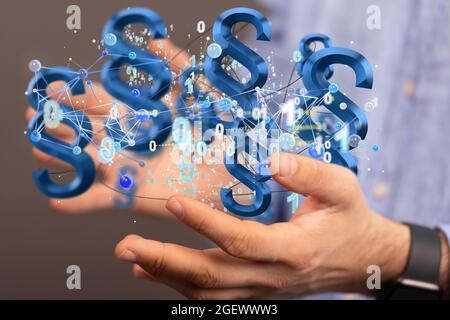 Digital concept of law and justice and binary code with floating law symbols on a hand Stock Photo