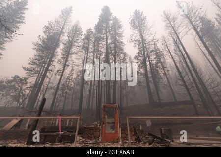 Greenville, USA. 06th Aug, 2021. A door stands among the smoky rubble in Greenville, CA, on August 6, 2021. The town was destroyed by the Dixie Fire on August 4. (Photo by Daniel Brown/Sipa USA) Credit: Sipa USA/Alamy Live News Stock Photo