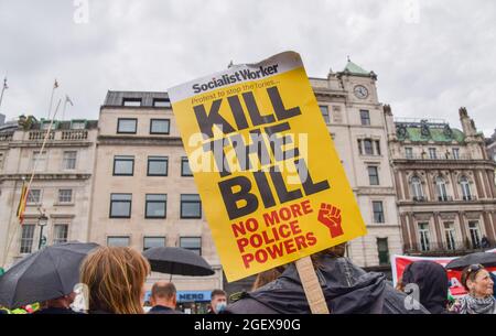 London, UK. 21st Aug, 2021. A 'Kill The Bill' placard is seen during the Kill The Bill protest.Demonstrators gathered in Trafalgar Square in protest against the Police, Crime, Sentencing and Courts Bill. (Photo by Vuk Valcic/SOPA Images/Sipa USA) Credit: Sipa USA/Alamy Live News Stock Photo