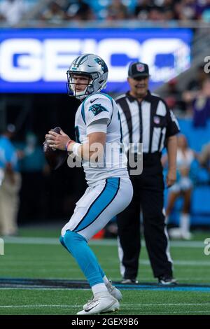 August 21, 2021: Carolina Panthers quarterback Sam Darnold (14) drops back to throw against the Baltimore Ravens in the NFL matchup at Bank of America Stadium in Charlotte, NC. (Scott Kinser/Cal Sport Media) Stock Photo