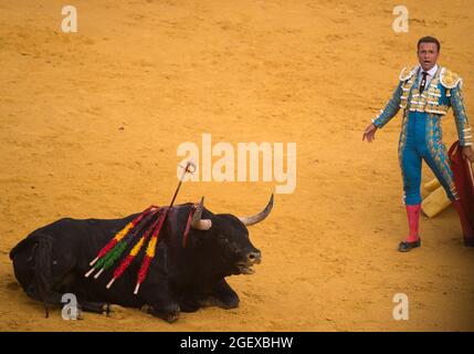 Spanish bullfighter Jose Antonio Ferrera fails with a sword during a ...