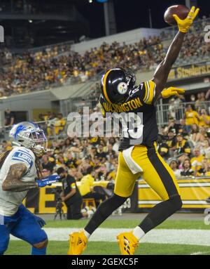 Pittsbugh, United States. 21st Aug, 2021. Pittsburgh Steelers wide receiver James Washington (13) fails to make the catch in the corner of the end zone during the second quarter against the Detroit Lions at Heinz Field on August 21, 2021. Photo by Archie Carpenter/UPI Credit: UPI/Alamy Live News Stock Photo