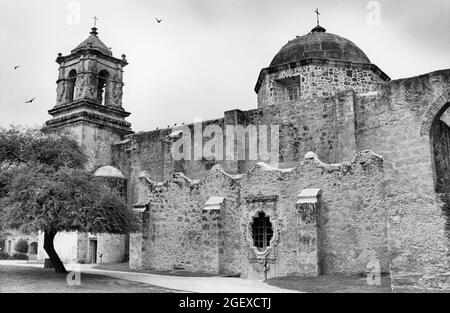 San Antonio Texas USA, circa 1990: Rosa's window in wall of Mission San Jose church. ©Bob Daemmrich Stock Photo