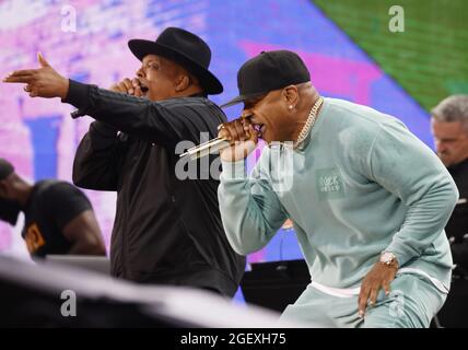 New York, United States. 21st Aug, 2021. LL Cool J and Rev Run perform at the 'We Love NYC: The Homecoming Concert' In Central Park in New York City on Saturday, August 21, 2021. The Event ended abruptly when thunder storms and lightning related to Hurricane Henri moved into the area. Photo by John Angelillo/UPI Credit: UPI/Alamy Live News Stock Photo
