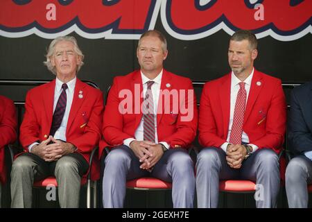St. Louis, United States. 21st Aug, 2021. St. Louis Cardinals Hall of Fame members (L to R) Ted Simmons, Scott Rolen and Chris Carpenter, listen to induction ceremonies for the newest Hall of Fame members Keith Hernandez, Tom Herr and John Tudor, at Ball Park Village in St. Louis on Saturday, August 21, 2021. Photo by Bill Greenblatt/UPI Credit: UPI/Alamy Live News Stock Photo