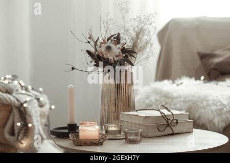 Details of home decor interior in a Scandinavian style on a blurred background of the room. Stock Photo