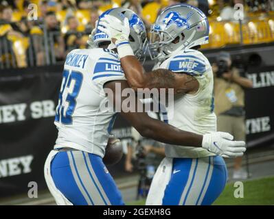Pittsbugh, United States. 21st Aug, 2021. Detroit Lions wide receiver Tom Kennedy (85) celebrates his touchdown in the fourth quarter of the Pittsburgh Steelers 26-20 win over the Detroit Lions at Heinz Field on August 21, 2021 in Pittsburgh. Photo by Archie Carpenter/UPI Credit: UPI/Alamy Live News Stock Photo