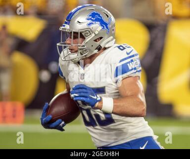 Pittsbugh, United States. 21st Aug, 2021. Detroit Lions wide receiver Tom Kennedy (85) runs for a first down in the fourth quarter of the Pittsburgh Steelers 26-20 win over the Detroit Lions at Heinz Field on August 21, 2021 in Pittsburgh. Photo by Archie Carpenter/UPI Credit: UPI/Alamy Live News Stock Photo