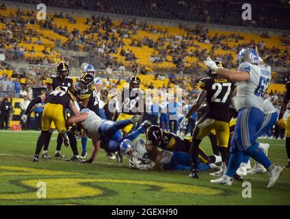 Pittsbugh, United States. 21st Aug, 2021. Detroit Lions Craig Reynolds (46) score a three yard touchdown in the fourth quarter of the Pittsburgh Steelers 26-20 win over the Detroit Lions at Heinz Field on August 21, 2021 in Pittsburgh. Photo by Archie Carpenter/UPI Credit: UPI/Alamy Live News Stock Photo