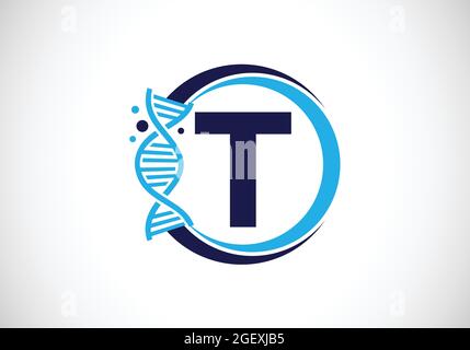 Initial T monogram alphabet in a circle with DNA. Genetics logo design concept. Font emblem. Logo for medicine, science, laboratory, business Stock Vector