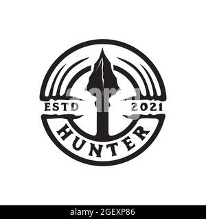Round simple outline emblem spear head hunter logo vector design Stock Vector