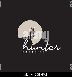 logo of Deer look back over the abyss with full moon background design template Stock Vector