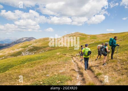 MONTE TERMINILLO, ITALY - AUGUST 21, 2021: View of pathway on circular tour of the crests of Mount Terminillo in Lazio during summer day of august, It Stock Photo