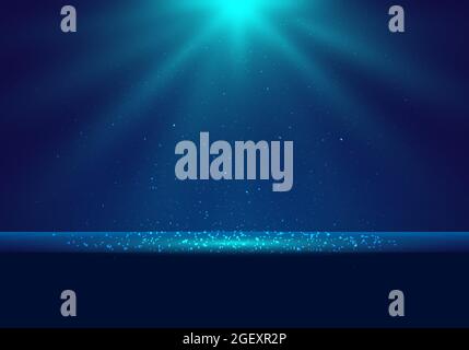 3D realistic dark blue stage with Illuminated lighting and dust scene background for award ceremony, concert, winner place presentation. Vector illust Stock Vector
