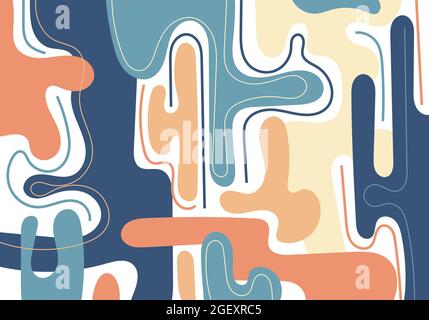 Abstract pattern hand drawn blue and orange organic dynamic shapes collage compositions of colored lines on white background. Vector illustration Stock Vector