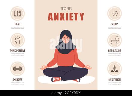 Tips for anxiety. Happy arab woman hugging herself. Mental health ...