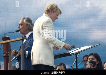 August 21, 2021, New York, New York, USA: ANDREA BOCELLI and  THE NY PHILHARMONIC.perform during the â€˜We Love NYC: The Homecoming Concertâ€™ held at the Great Lawn in Central Park.. The concert couldnâ€™t be completed due to severe weather caused by Hurricane Henri. (Credit Image: © Nancy Kaszerman/ZUMA Press Wire) Stock Photo