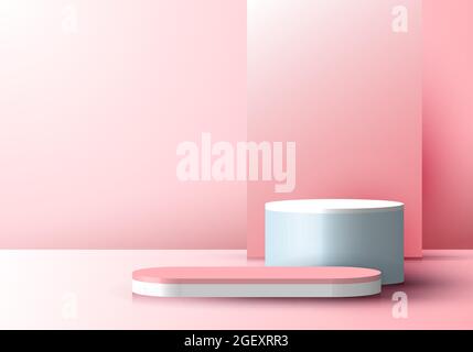 3D realistic pink display minimal scene background with rectangle backdrop on podium pedestal stage showcase for product cosmetic beauty. Vector illus Stock Vector