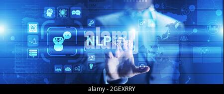 NLP natural language processing cognitive computing technology concept on virtual screen. Stock Photo