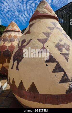 African traditional pots closeup outdoors as exterior decor showing pattern through clay or concrete medium in South Africa Stock Photo