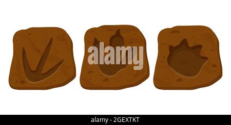 Set dinosaur fossil, paw print, reptile foot trail in cartoon style isolated on white background. Archaeological and paleontology finds. . Vector illustration Stock Vector