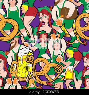 seamless pattern people holiday beer bun on purple background vector image Stock Vector