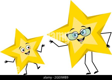 Cute star character with joyful emotions, smile face, happy eyes, arms and legs. Space and weather symbol with kind expression, funny grandmother with glasses and grandson Stock Vector