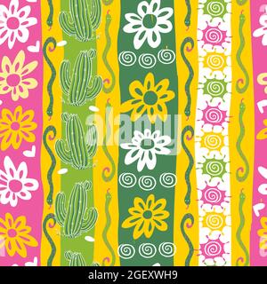 Vector festive cactus and daisy flowers verticle stripes with snakes seamless repeat pattern. Suitable for textile, gift wrap and wallpaper. Stock Vector