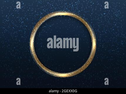 Golden circle frame with light and glitter on dark blue background luxury style. Elegant frame gold ring with space for your text. Vector illustration Stock Vector