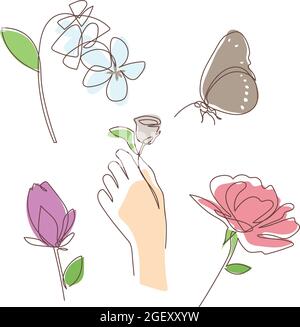 Set of monoline flower hand with butterfly vector illustration Stock Vector