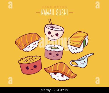 Hand drawn various kawaii sushi, onigiri, sashimi. Japanese cartoon style. Cute vector illustration set. Stock Vector